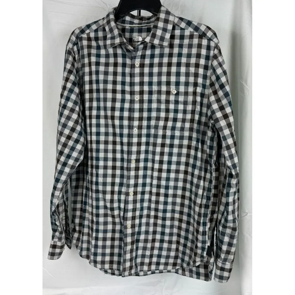 The North Face‎ Mens Large Black/White/Green Check Plaid Long Sleeve Button Up